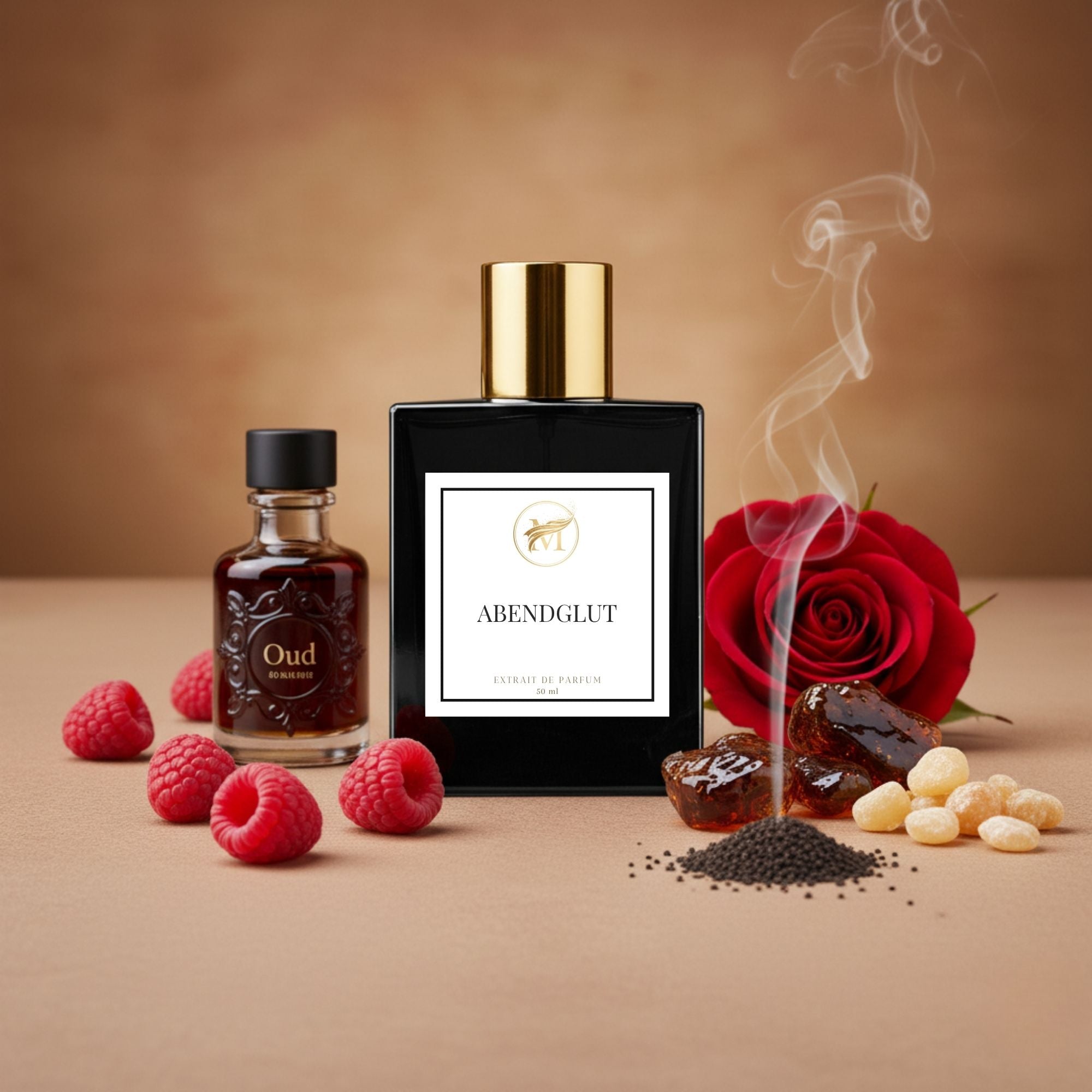 Abendglut Parfumflakon mit Rose, Himbeeren, Weihrauch und Oud – ein warmer, orientalischer Duft mit Amber und Benzoe.